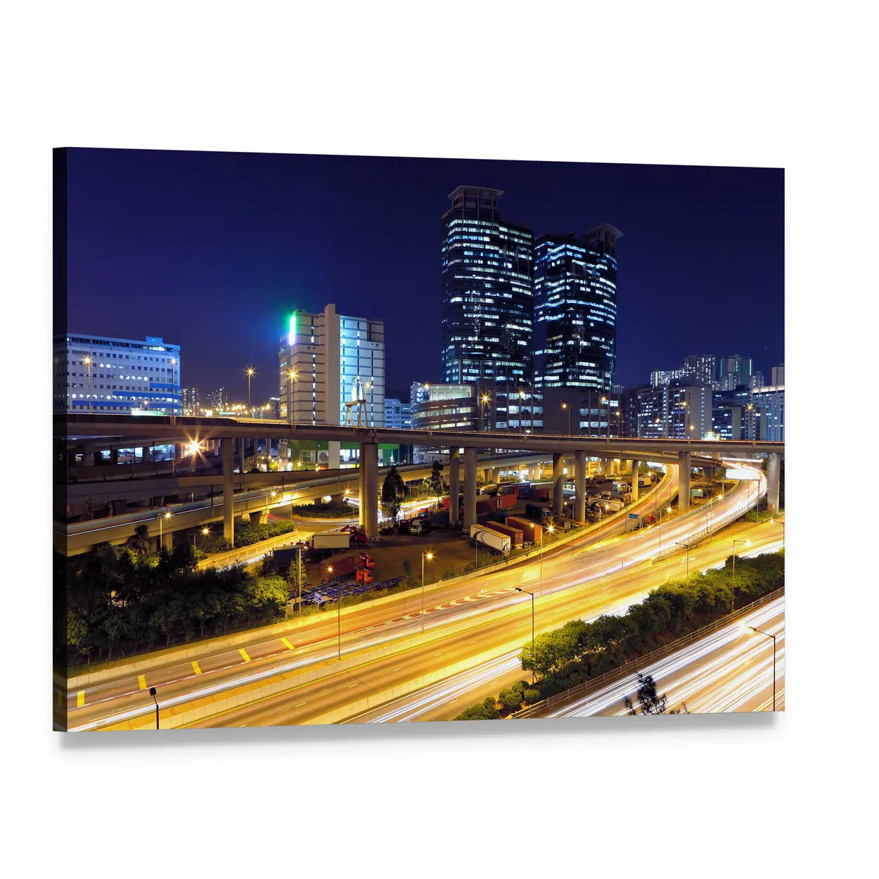 Modern City Night Traffic Canvas Wall Art, single panel gallery wrapped canvas, angled product view