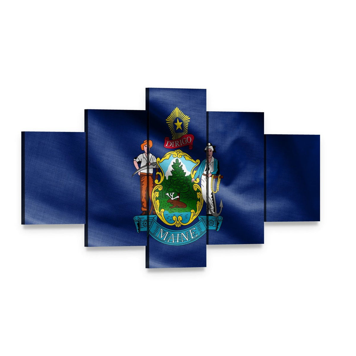 Maine State Flag with Seal Canvas Wall Art, 5 panel 5 Star layout gallery wrapped canvas set, angled product view