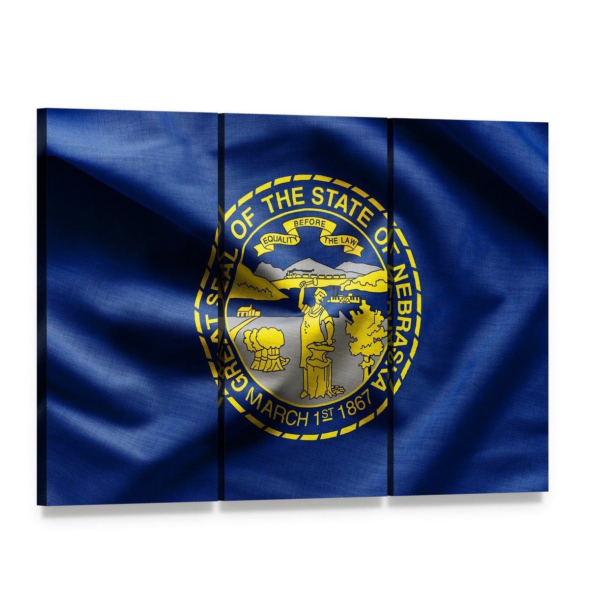 Waving Nebraska State Flag Canvas Wall Art, 3 panel 3 Horizontal layout gallery wrapped canvas set, angled product view