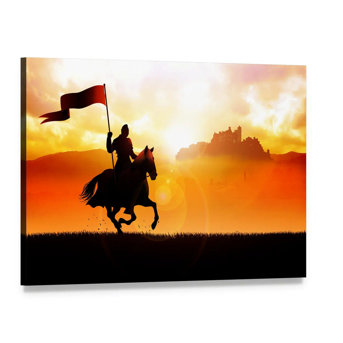 Medieval Knight on Horse with Red Banner at Sunset Canvas Wall Art, single panel gallery wrapped canvas, angled product view