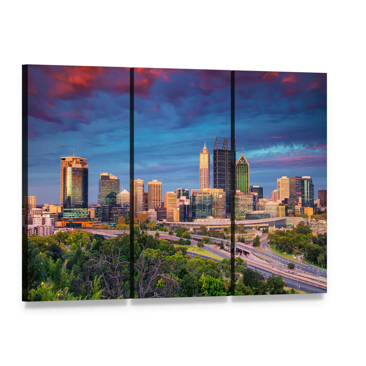 City Skyline at Sunset Canvas Wall Art, 3 panel 3 Horizontal layout gallery wrapped canvas set, angled product view