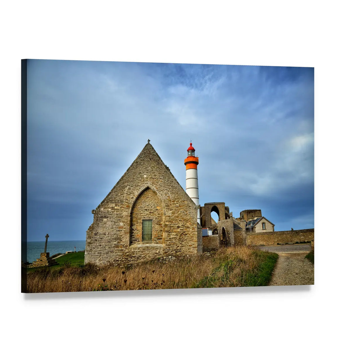 Brittany Lighthouse with Stone Ruins Canvas Wall Art, single panel gallery wrapped canvas, angled product view