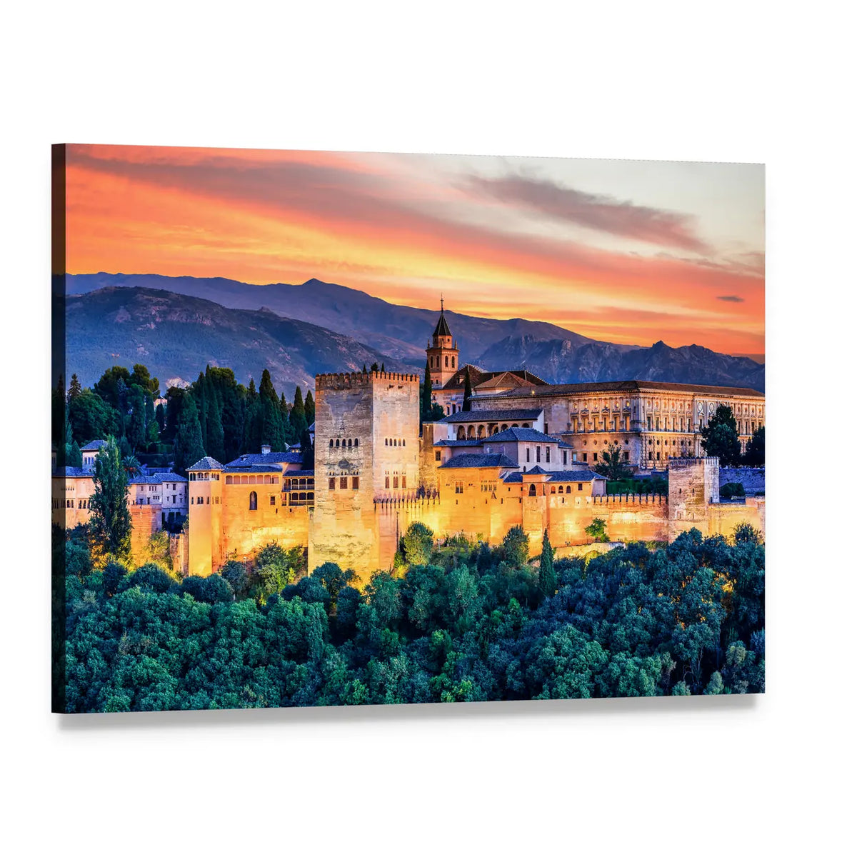 Alhambra Fortress At Sunset Canvas Wall Art, single panel gallery wrapped canvas, angled product view