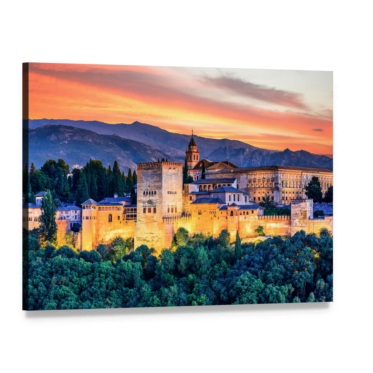 Alhambra Fortress At Sunset Canvas Wall Art, single panel gallery wrapped canvas, angled product view