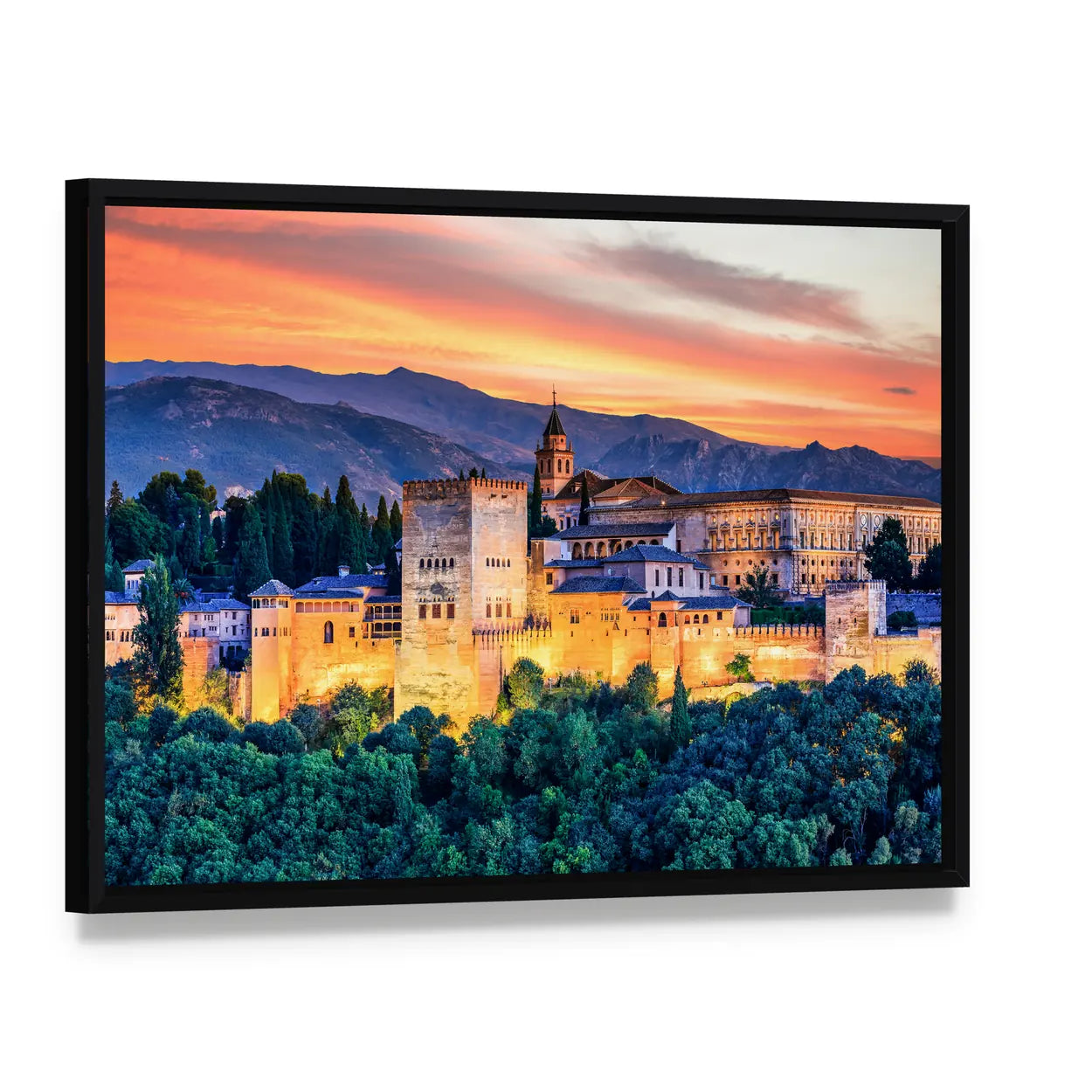 Alhambra Fortress At Sunset Canvas Wall Art, framed canvas in a black floater frame, angled product view