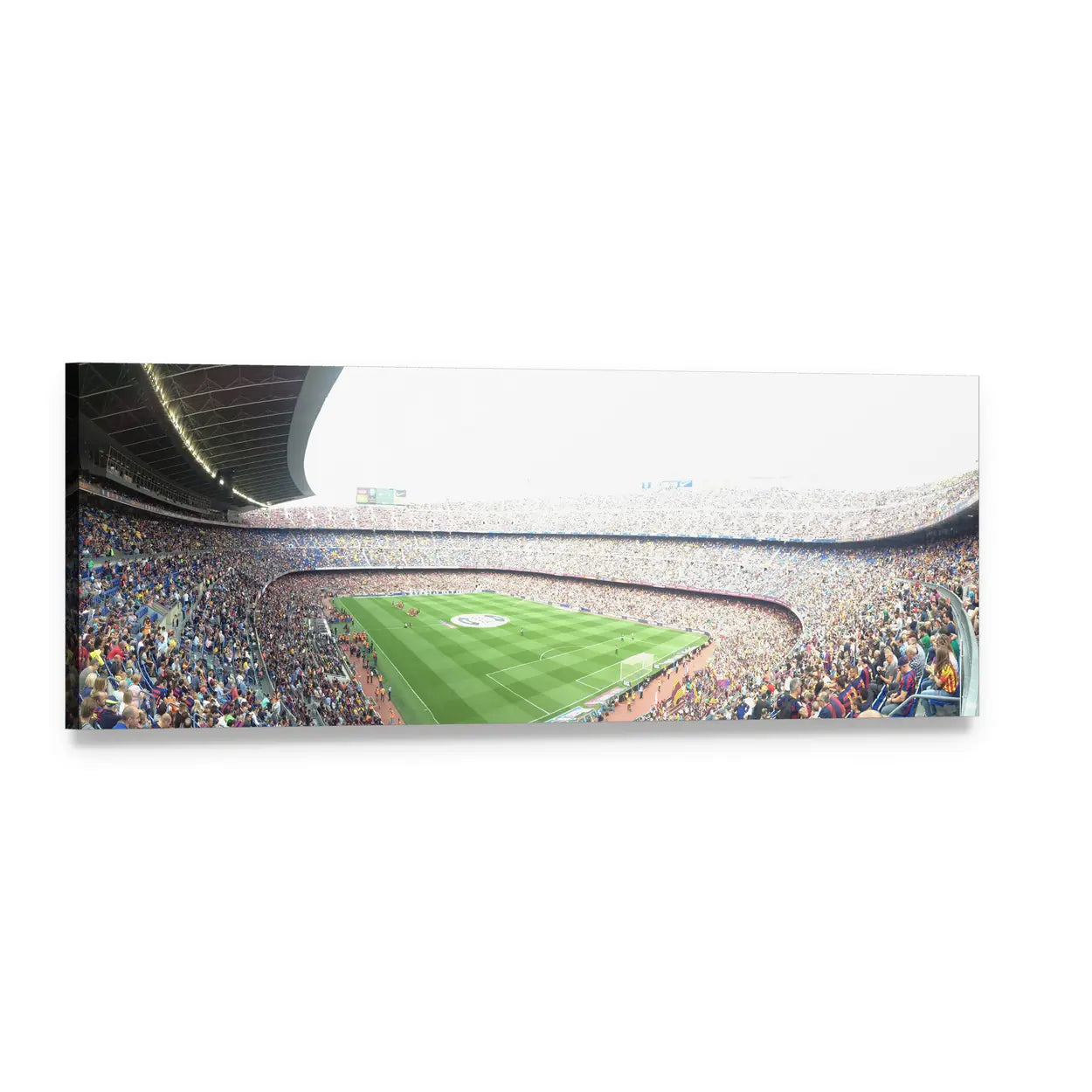 Stadium Crowd Over Soccer Pitch Panoramic Canvas Wall Art, single panel gallery wrapped canvas, angled product view