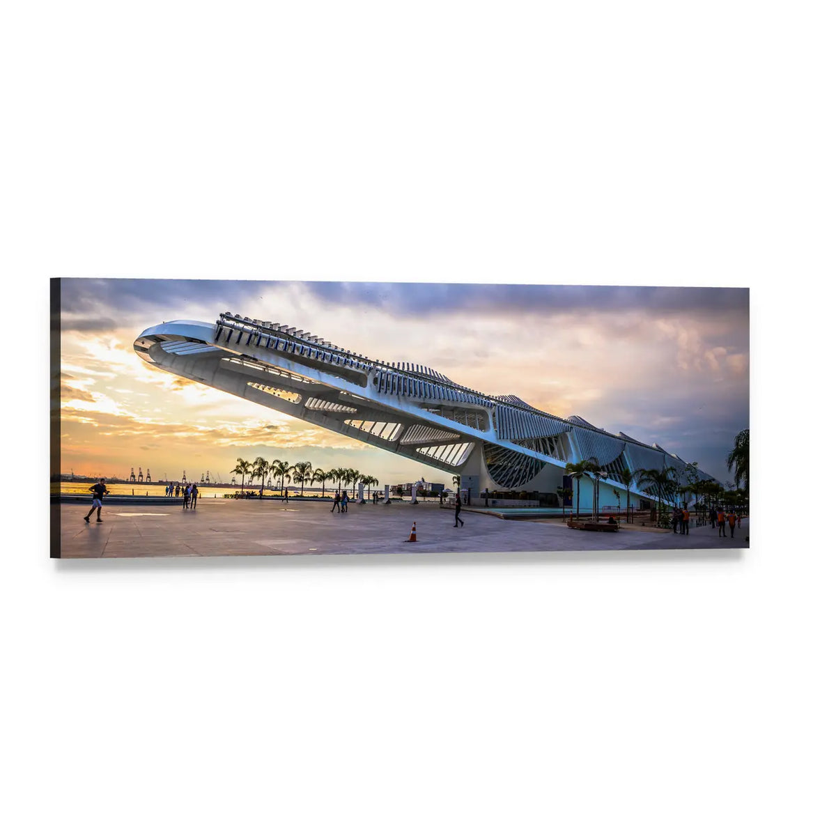 Museum of Tomorrow Waterfront at Sunset Panoramic Canvas Wall Art, single panel gallery wrapped canvas, angled product view