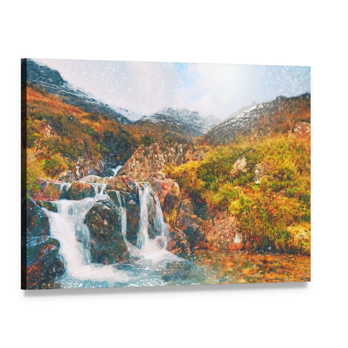 Waterfall in Scotland with Autumn Leaves Canvas Wall Art, single panel gallery wrapped canvas, angled product view