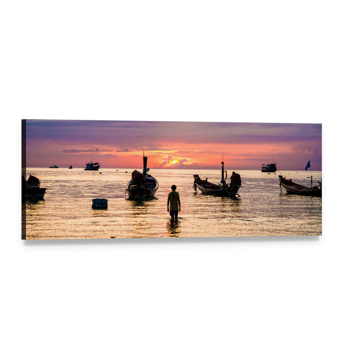Sunset Over Longtail Boats with Wading Figure Panoramic Canvas Wall Art, single panel gallery wrapped canvas, angled product view
