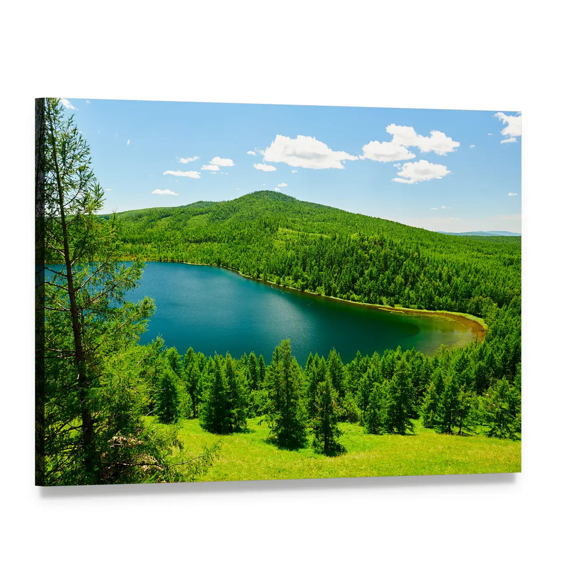 Mountain Lake and Pine Forest Canvas Wall Art, single panel gallery wrapped canvas, angled product view