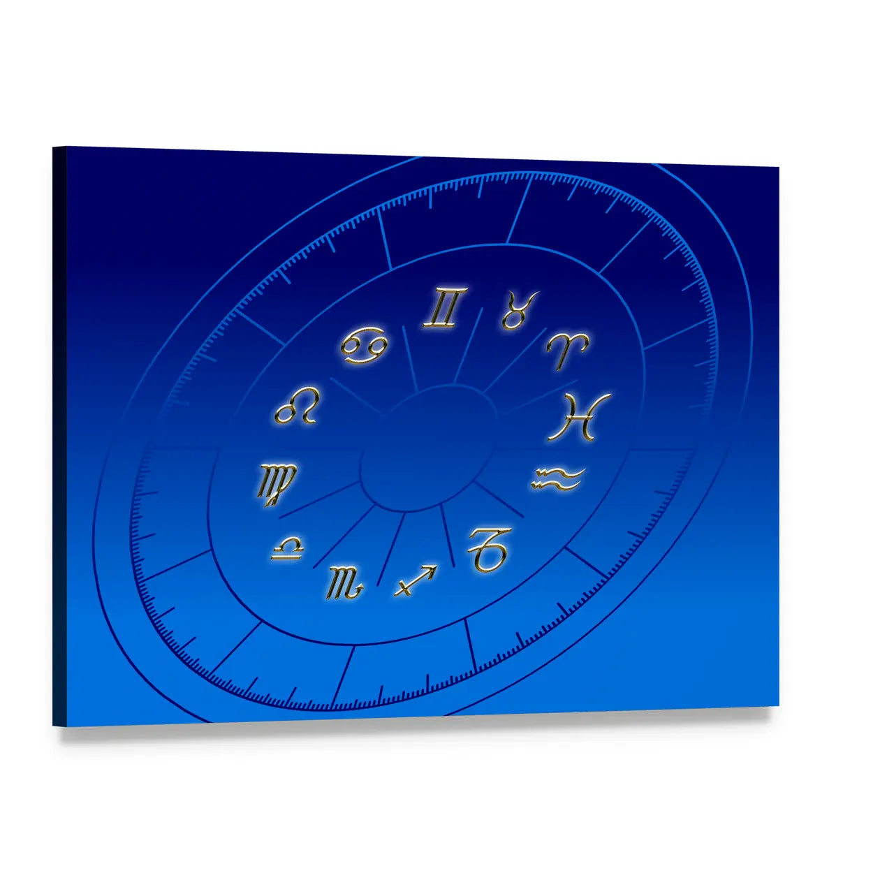 Golden Zodiac Wheel on Blue Gradient Canvas Wall Art, single panel gallery wrapped canvas, angled product view