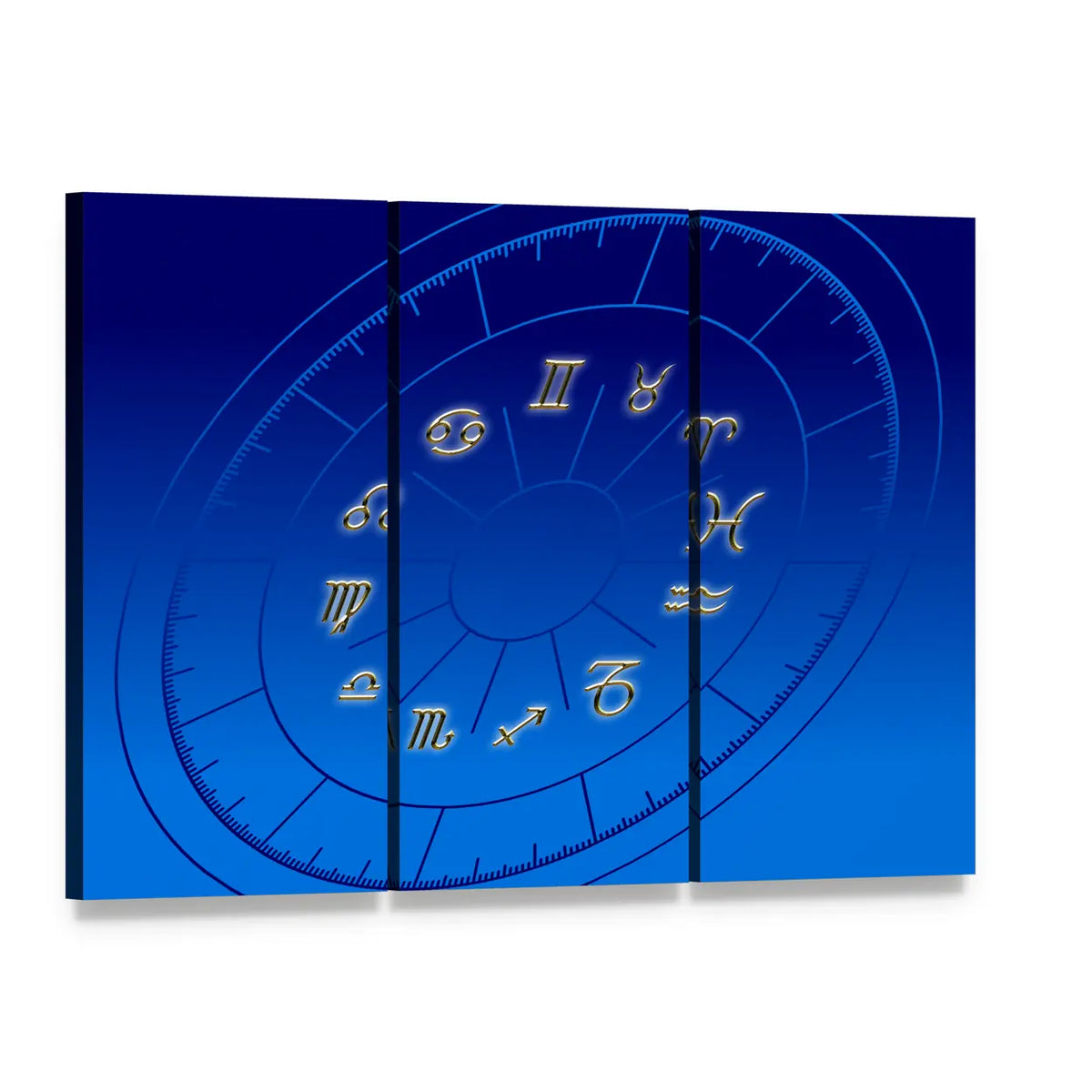 Golden Zodiac Wheel on Blue Gradient Canvas Wall Art, 3 panel 3 Horizontal layout gallery wrapped canvas set, angled product view