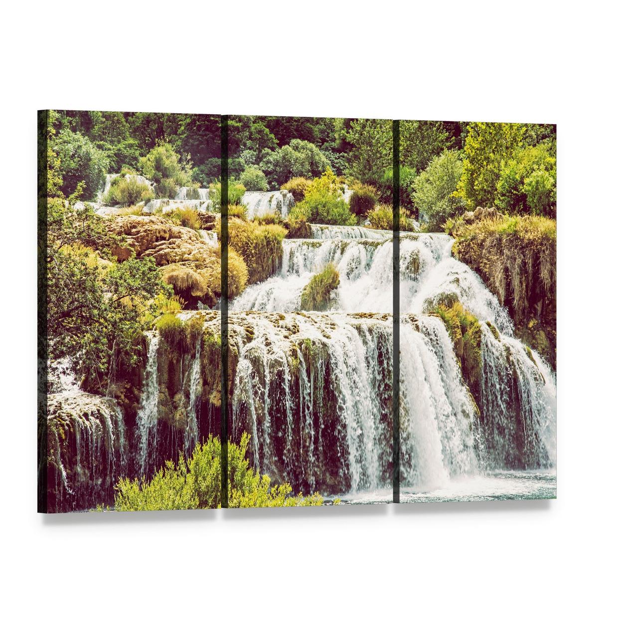 Krka Waterfalls Over Rocks and Lush Greenery Canvas Wall Art, 3 panel 3 Horizontal layout gallery wrapped canvas set, angled product view