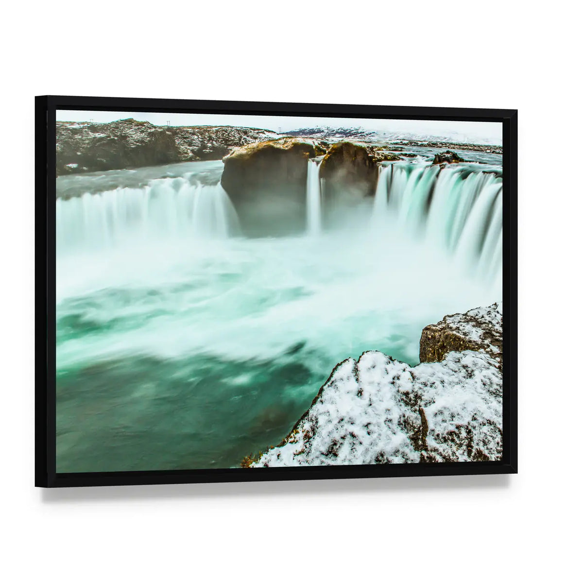 Godafoss Waterfall In Iceland Canvas Wall Art, framed canvas in a black floater frame, angled product view