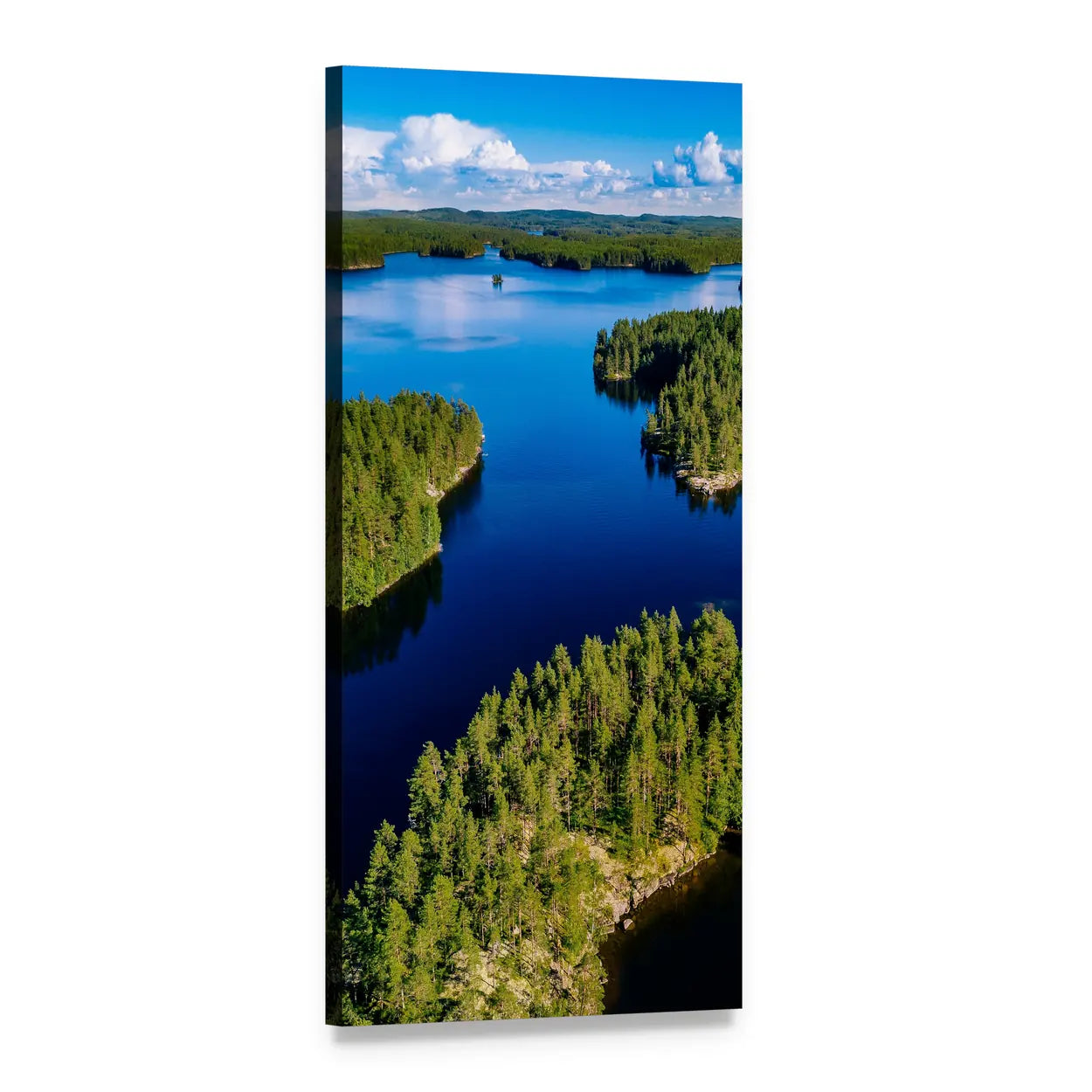 Blue Lake in Green Forest Vertical Canvas Wall Art, 1 panel 1 Vertical layout gallery wrapped canvas set, angled product view