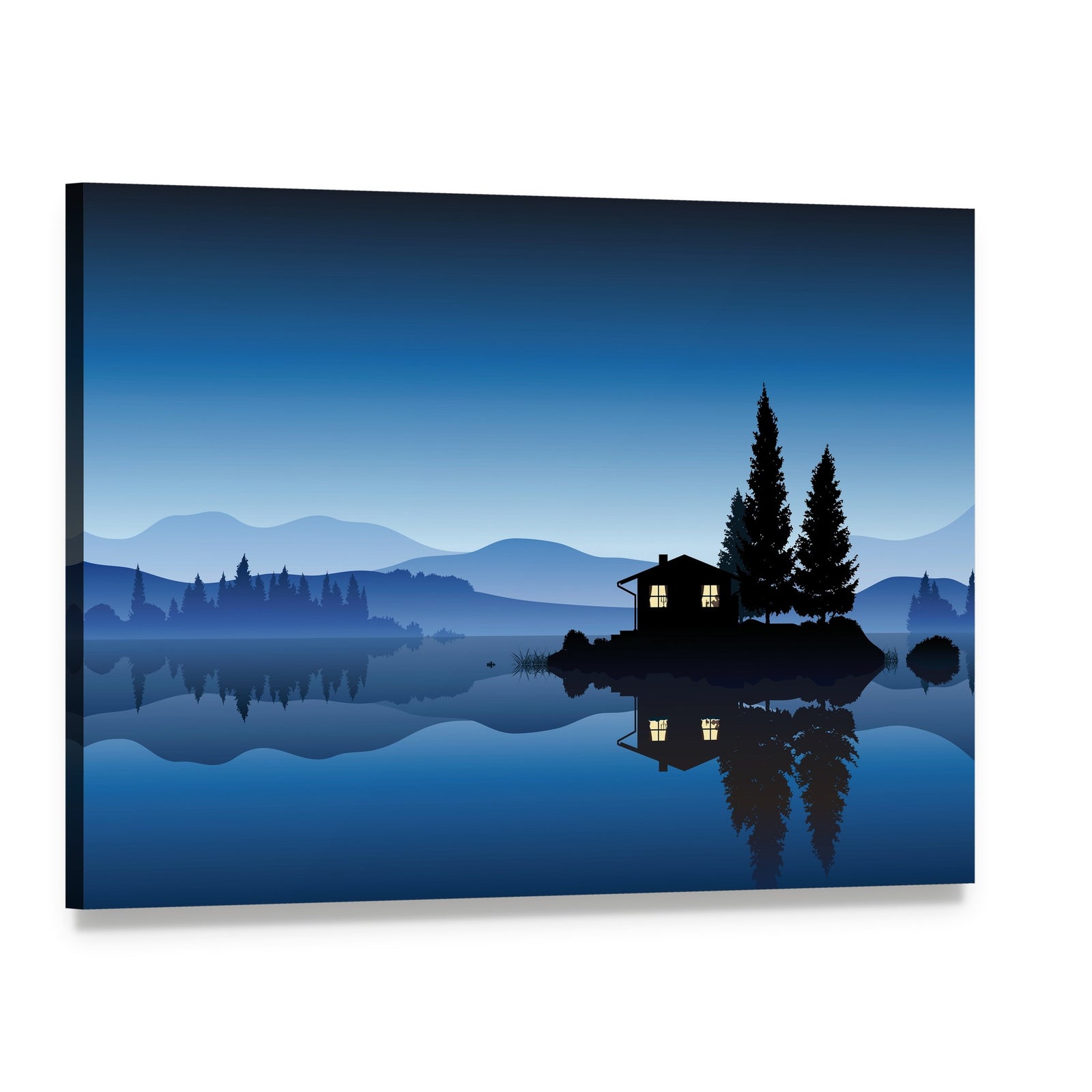 Lit Cabin on Lake Islet Canvas Wall Art, single panel gallery wrapped canvas, angled product view