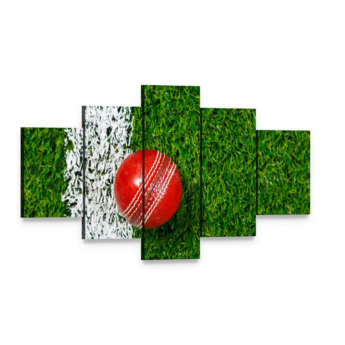 Cricket Ball on Grass Canvas Wall Art, 5 panel 5 Star layout gallery wrapped canvas set, angled product view