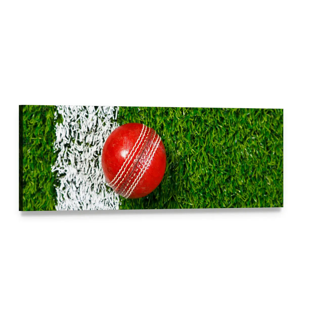 Cricket Ball on Grass Panoramic Canvas Wall Art, single panel gallery wrapped canvas, angled product view