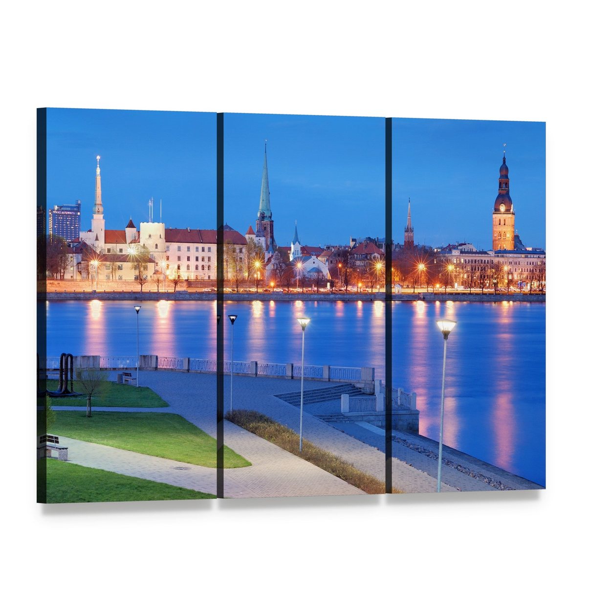 City Skyline Over Daugava River Canvas Wall Art, 3 panel 3 Horizontal layout gallery wrapped canvas set, angled product view