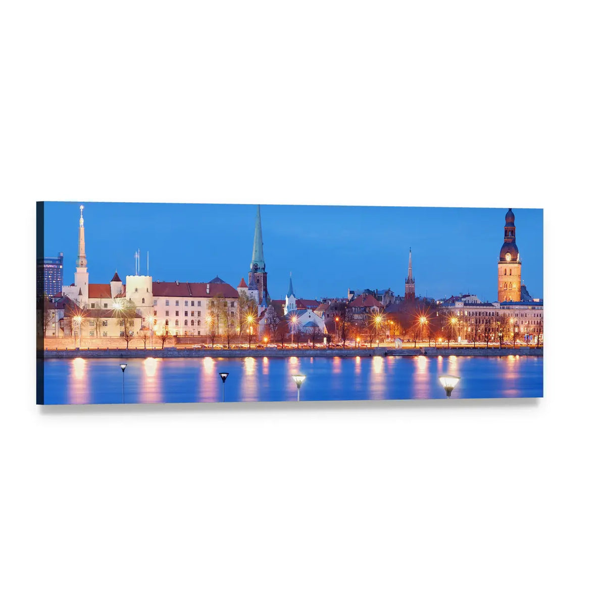 Riga Skyline Over the Daugava River Panoramic Canvas Wall Art, single panel gallery wrapped canvas, angled product view