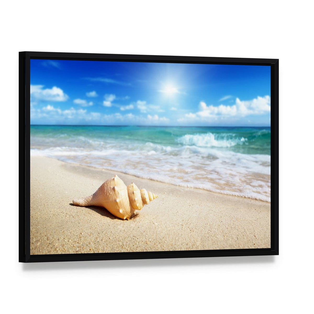 Seashell on the Beach Canvas Wall Art, framed canvas in a black floater frame, angled product view
