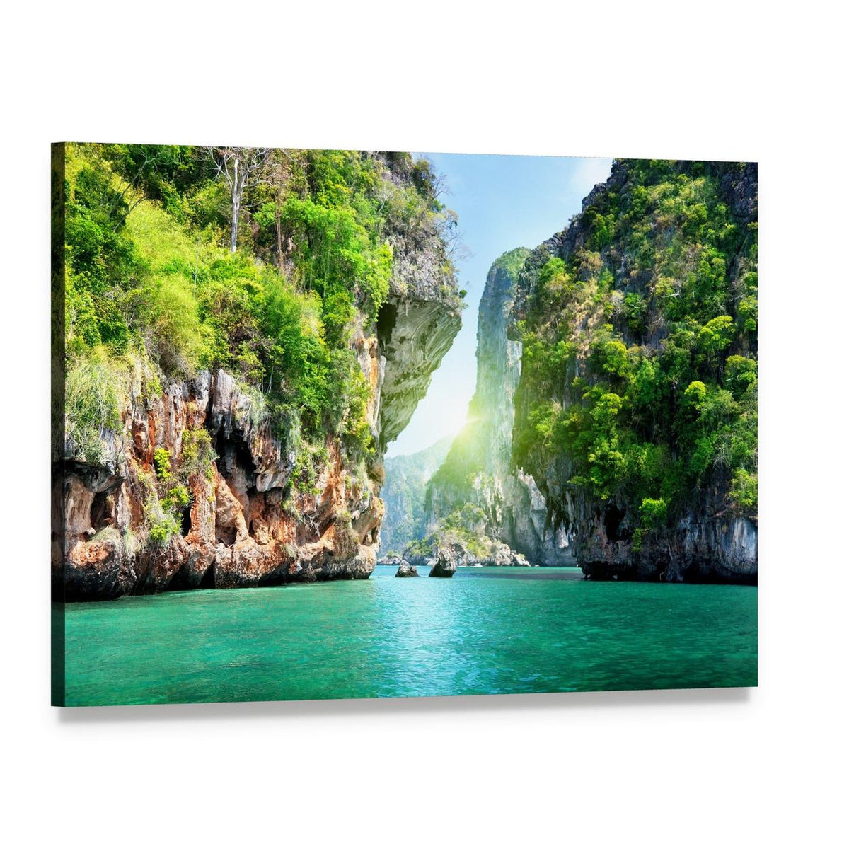 Tropical Cliffs and Turquoise Sea in Thailand Canvas Wall Art, single panel gallery wrapped canvas, angled product view