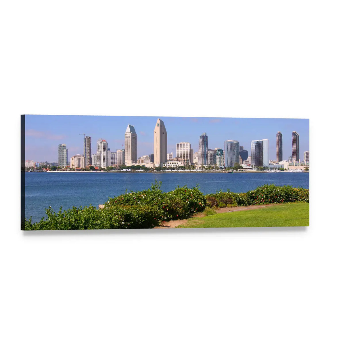 San Diego Skyline Panoramic Canvas Wall Art, single panel gallery wrapped canvas, angled product view
