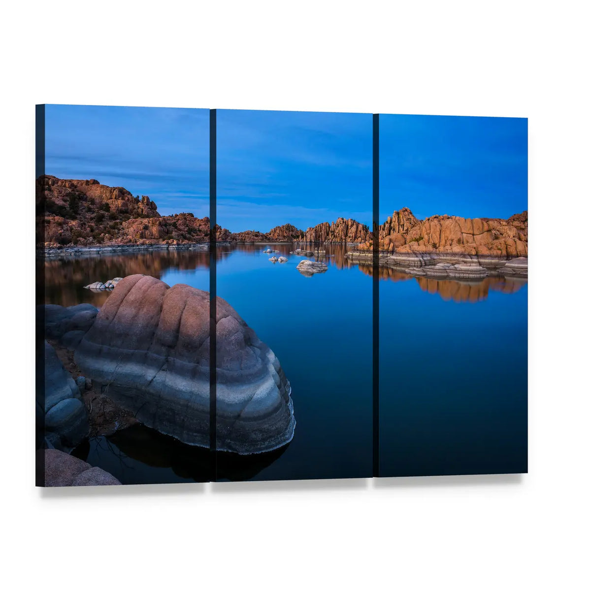 Sunset Over Watson Lake, Prescott Canvas Wall Art, 3 panel 3 Horizontal layout gallery wrapped canvas set, angled product view