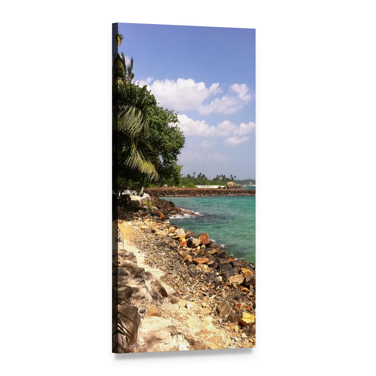 Tropical Palm Beach with Rocky Shoreline Vertical Canvas Wall Art, 1 panel 1 Vertical layout gallery wrapped canvas set, angled product view