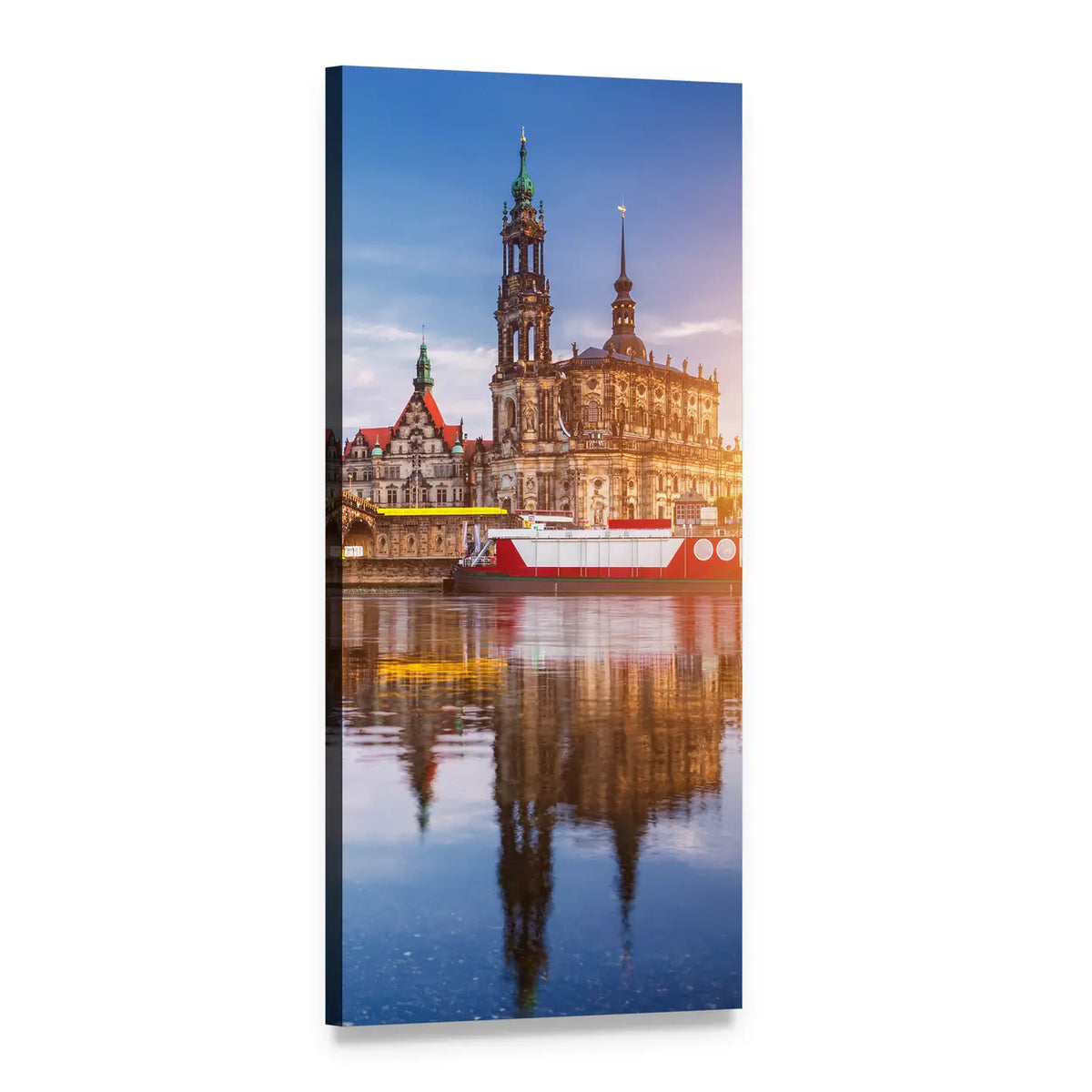 Dresden Cathedral on Elbe River at Dusk Vertical Canvas Wall Art, 1 panel 1 Vertical layout gallery wrapped canvas set, angled product view