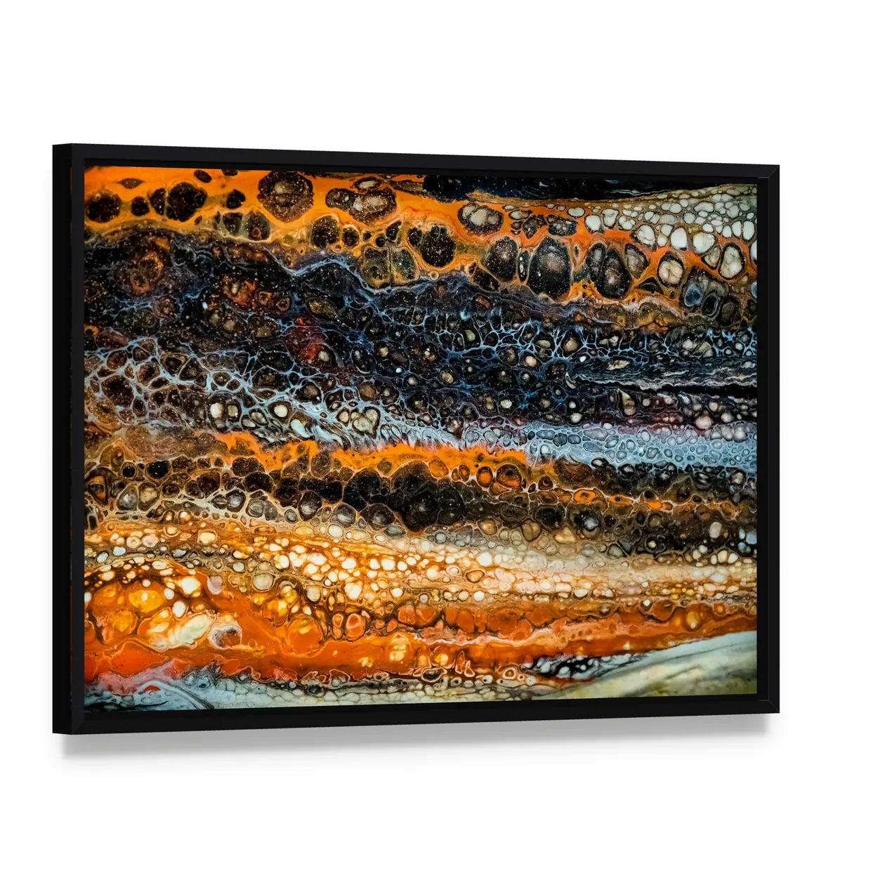 Liquid Painting With Cells Canvas Wall Art, framed canvas in a black floater frame, angled product view