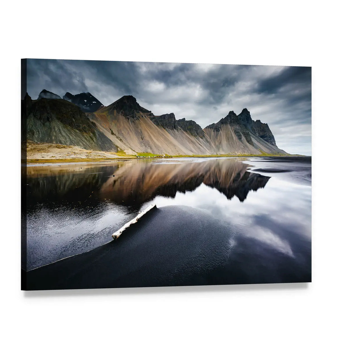 Black Sand Beach with Mountain Reflection Canvas Wall Art, single panel gallery wrapped canvas, angled product view
