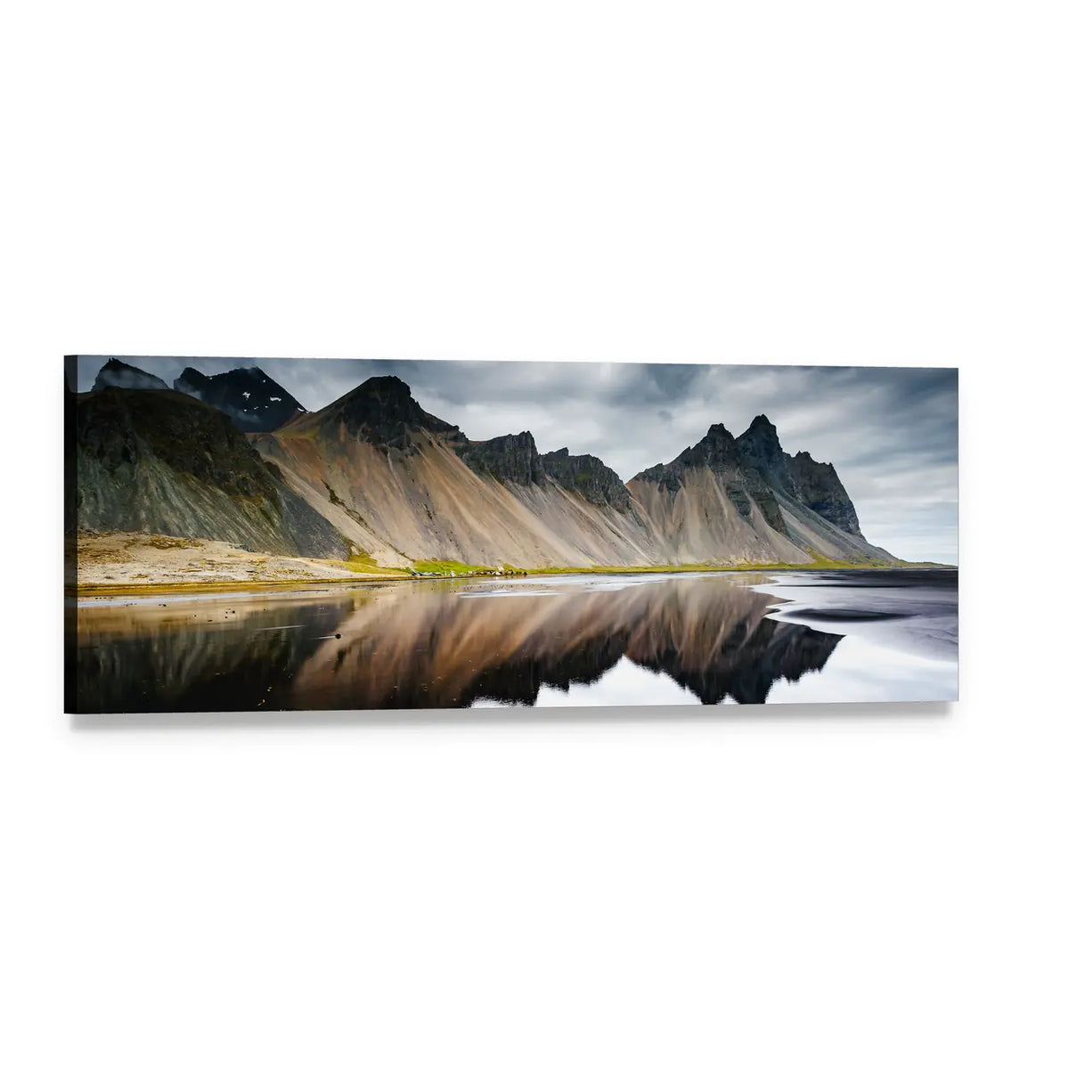 Black Sand Beach with Mountain Reflection Panoramic Canvas Wall Art, single panel gallery wrapped canvas, angled product view