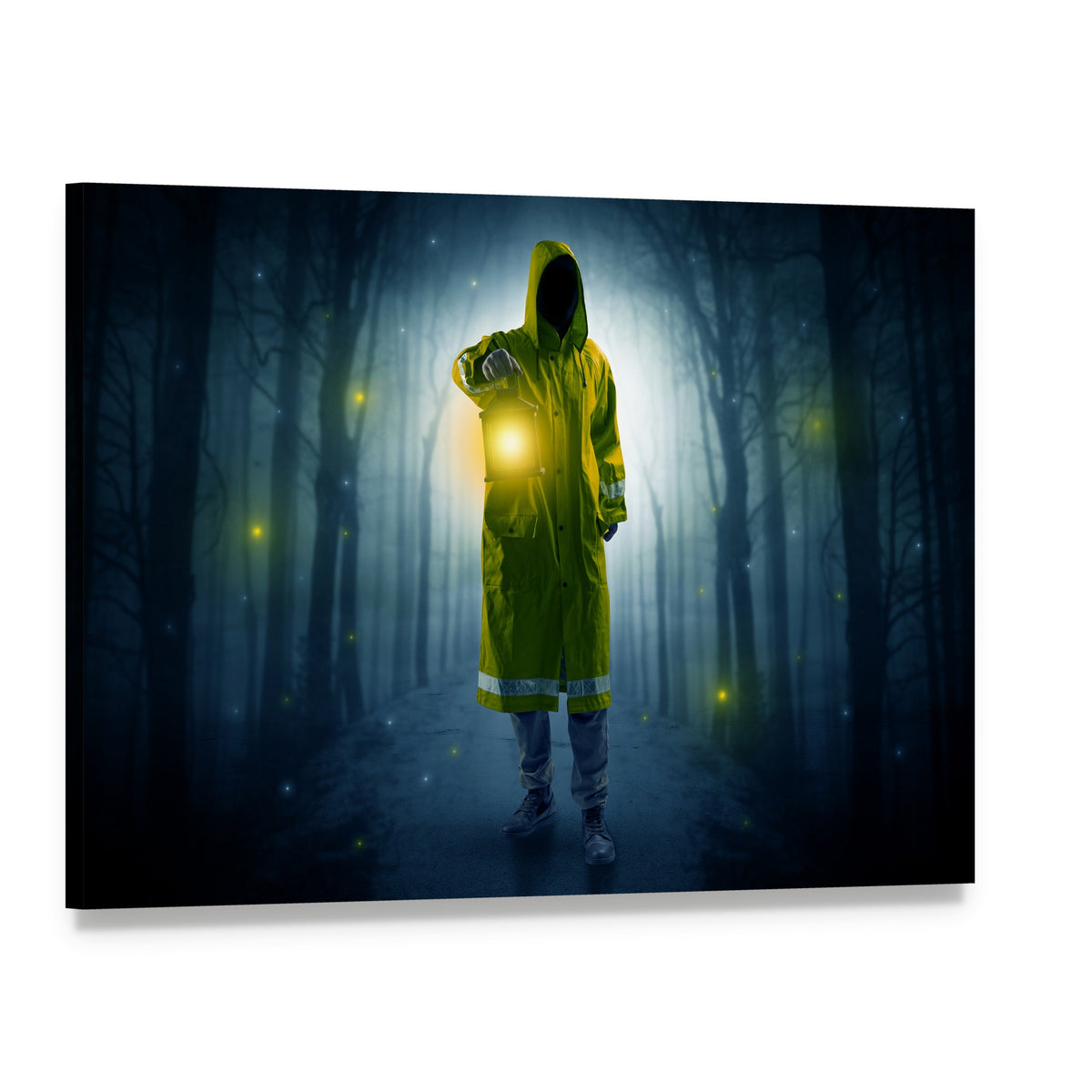Hooded Figure in Foggy Forest Canvas Wall Art, single panel gallery wrapped canvas, angled product view