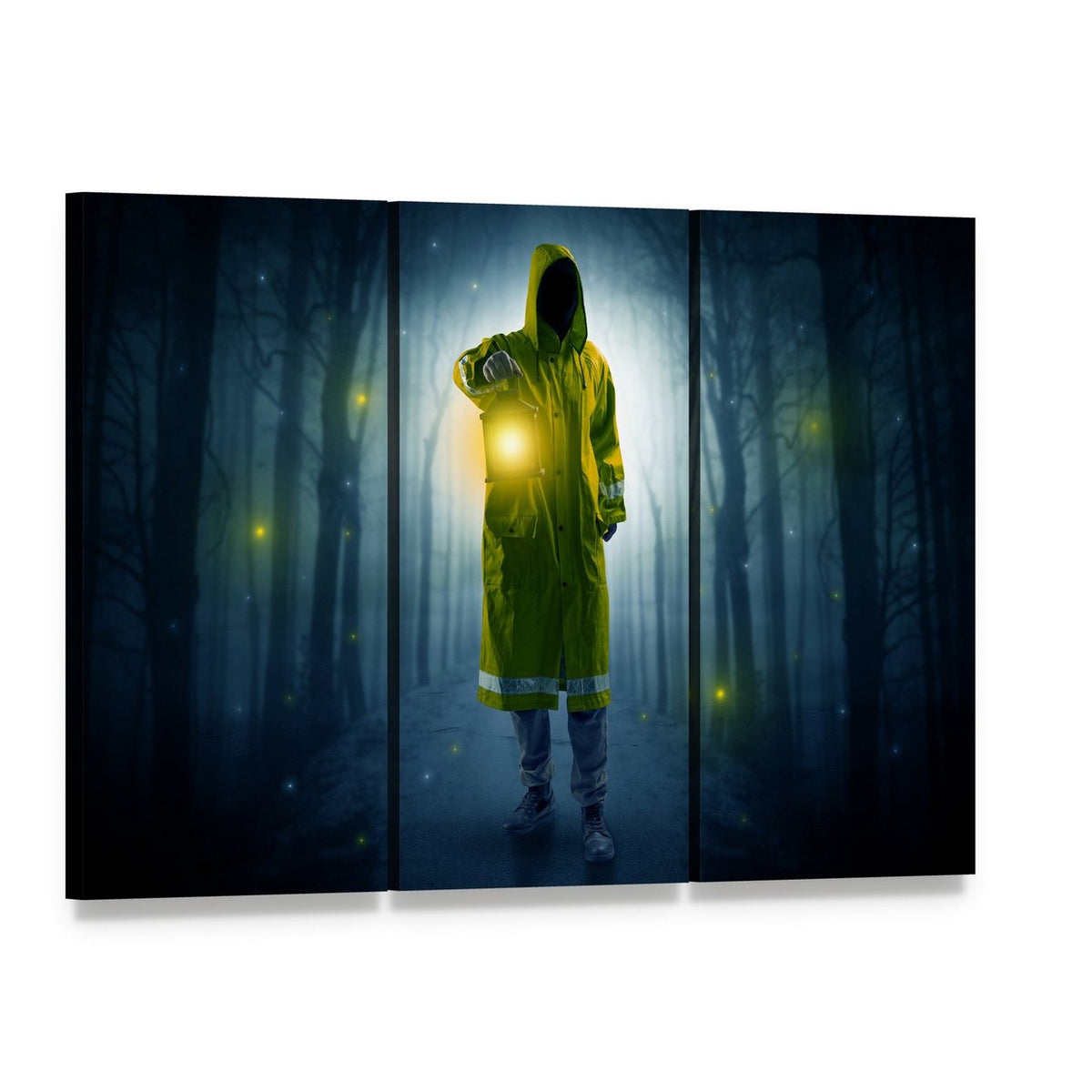 Hooded Figure in Foggy Forest Canvas Wall Art, 3 panel 3 Horizontal layout gallery wrapped canvas set, angled product view
