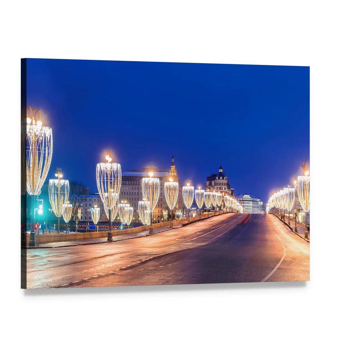 Illuminated Moscow Bridge at Night Canvas Wall Art, single panel gallery wrapped canvas, angled product view