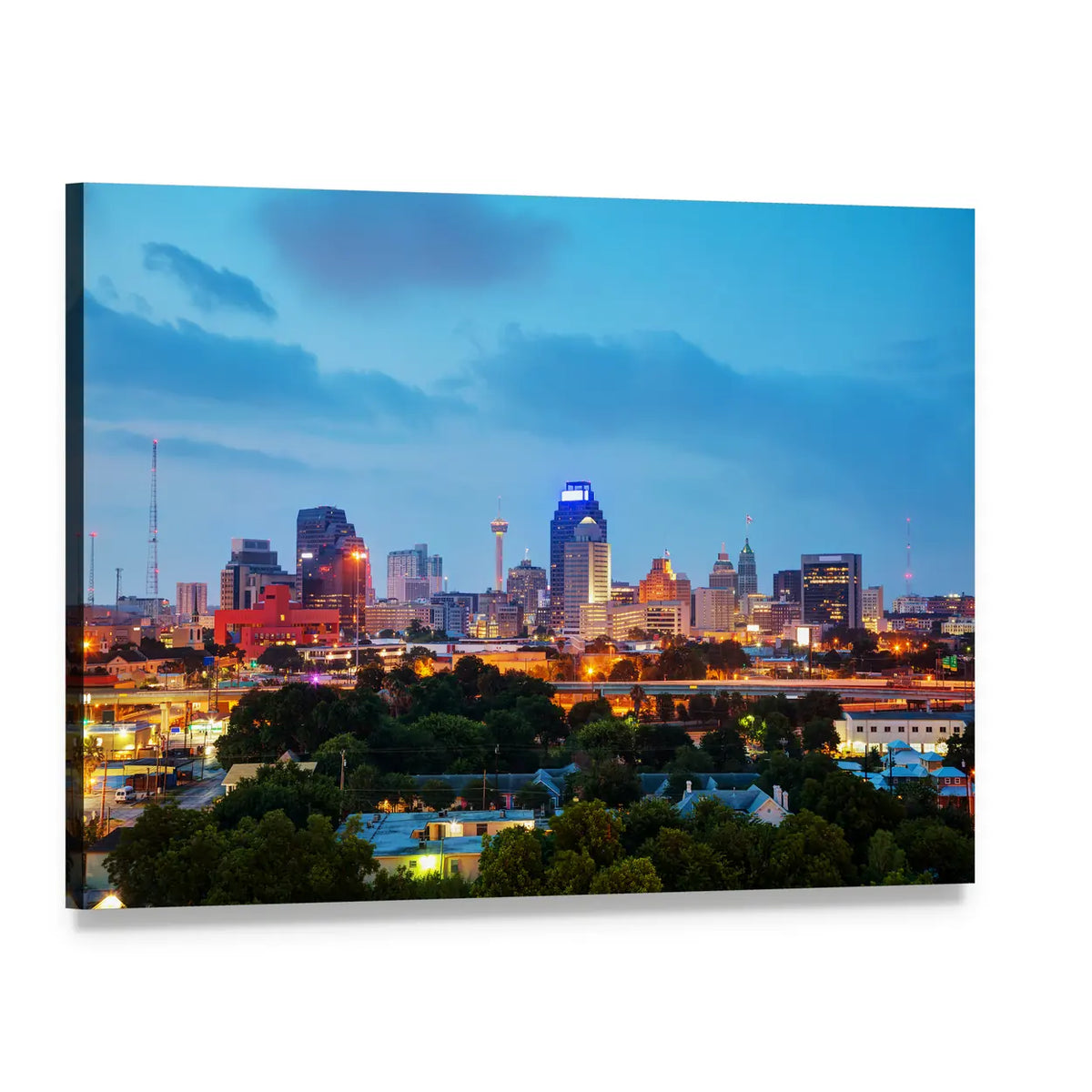 San Antonio Evening Cityscape In Texas Canvas Wall Art, single panel gallery wrapped canvas, angled product view