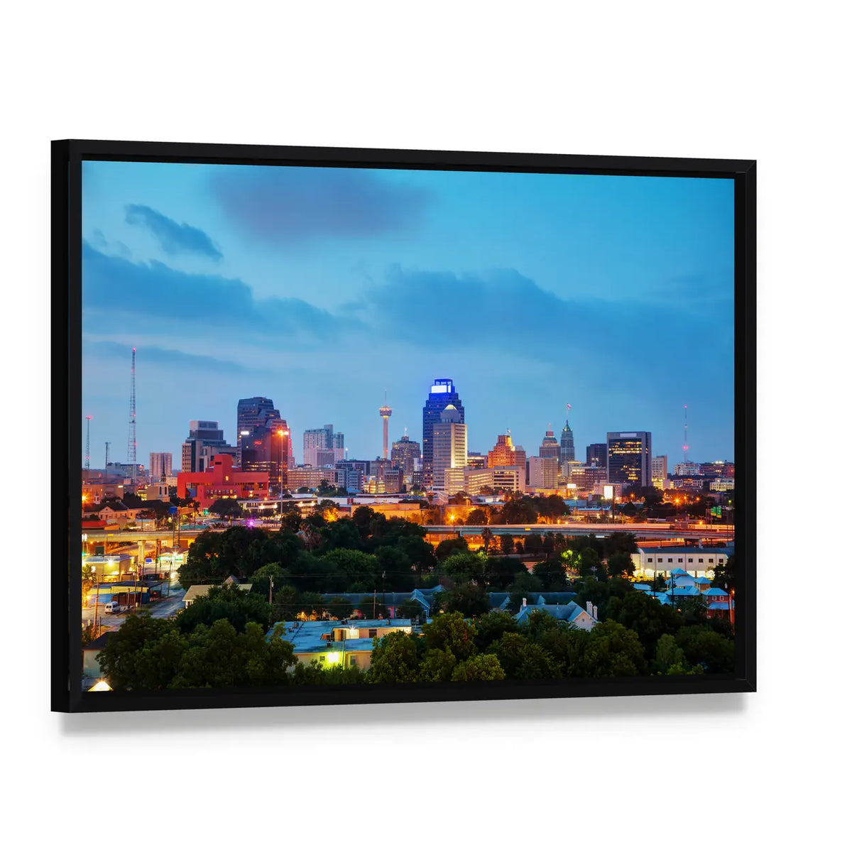 San Antonio Evening Cityscape In Texas Canvas Wall Art, framed canvas in a black floater frame, angled product view