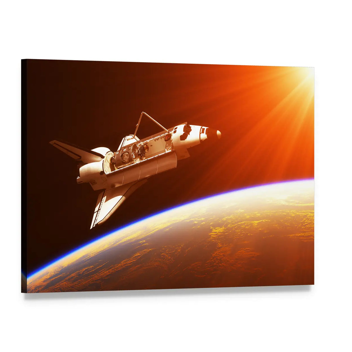 Space Shuttle Orbiting Earth at Sunrise Canvas Wall Art, single panel gallery wrapped canvas, angled product view