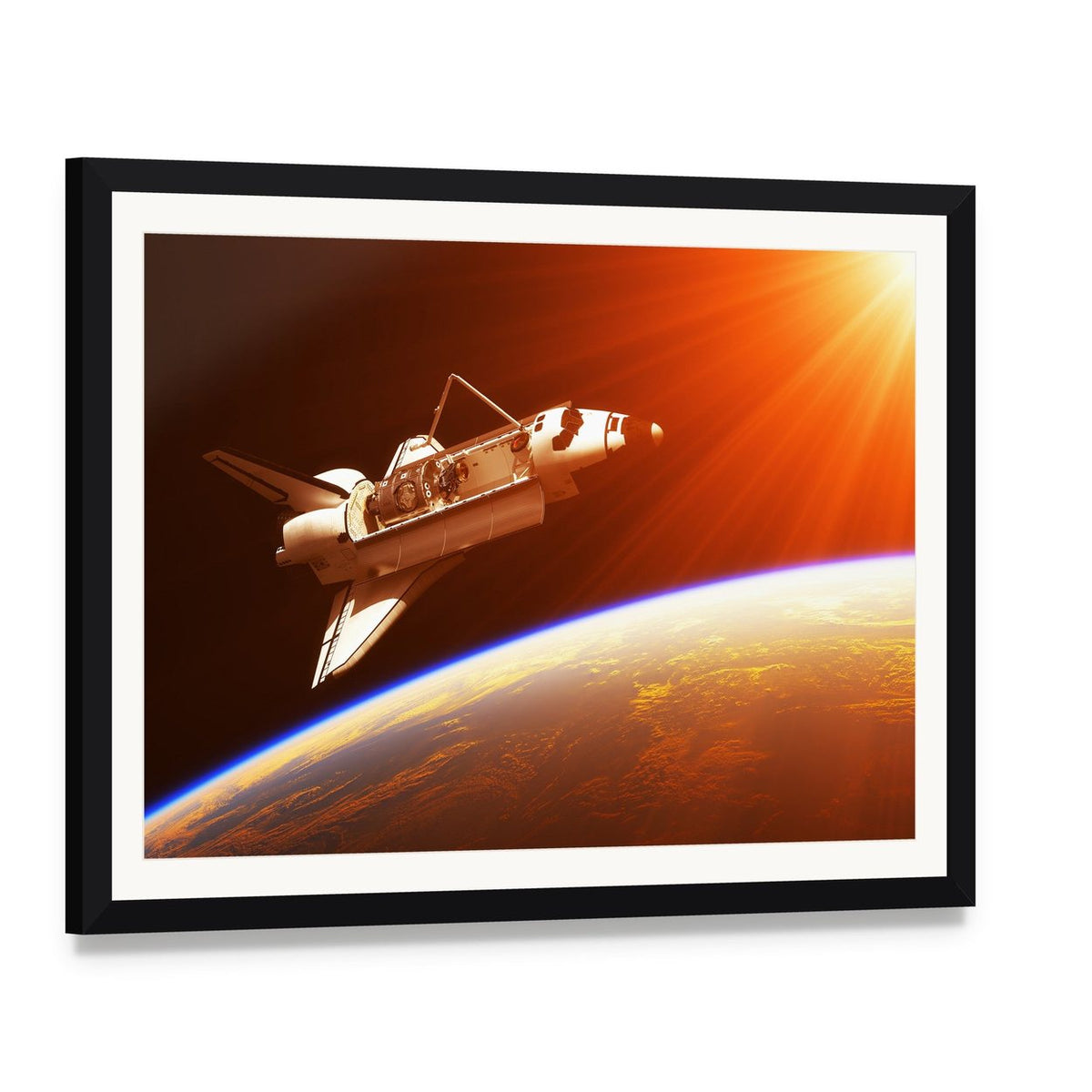 Space Shuttle Over Earth at Sunrise Canvas Wall Art, framed print with white mat and black frame, angled product view