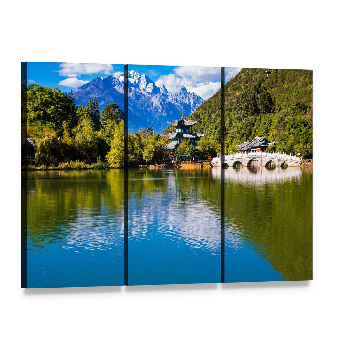 Black Dragon Pool with Temple and Mountains Canvas Wall Art, 3 panel 3 Horizontal layout gallery wrapped canvas set, angled product view