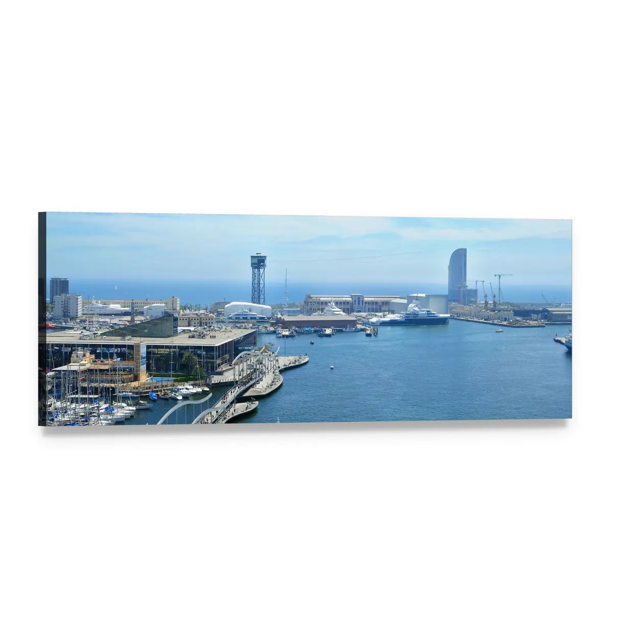 Port Vell and Maremagnum Barcelona Harbor Panoramic Canvas Wall Art, single panel gallery wrapped canvas, angled product view