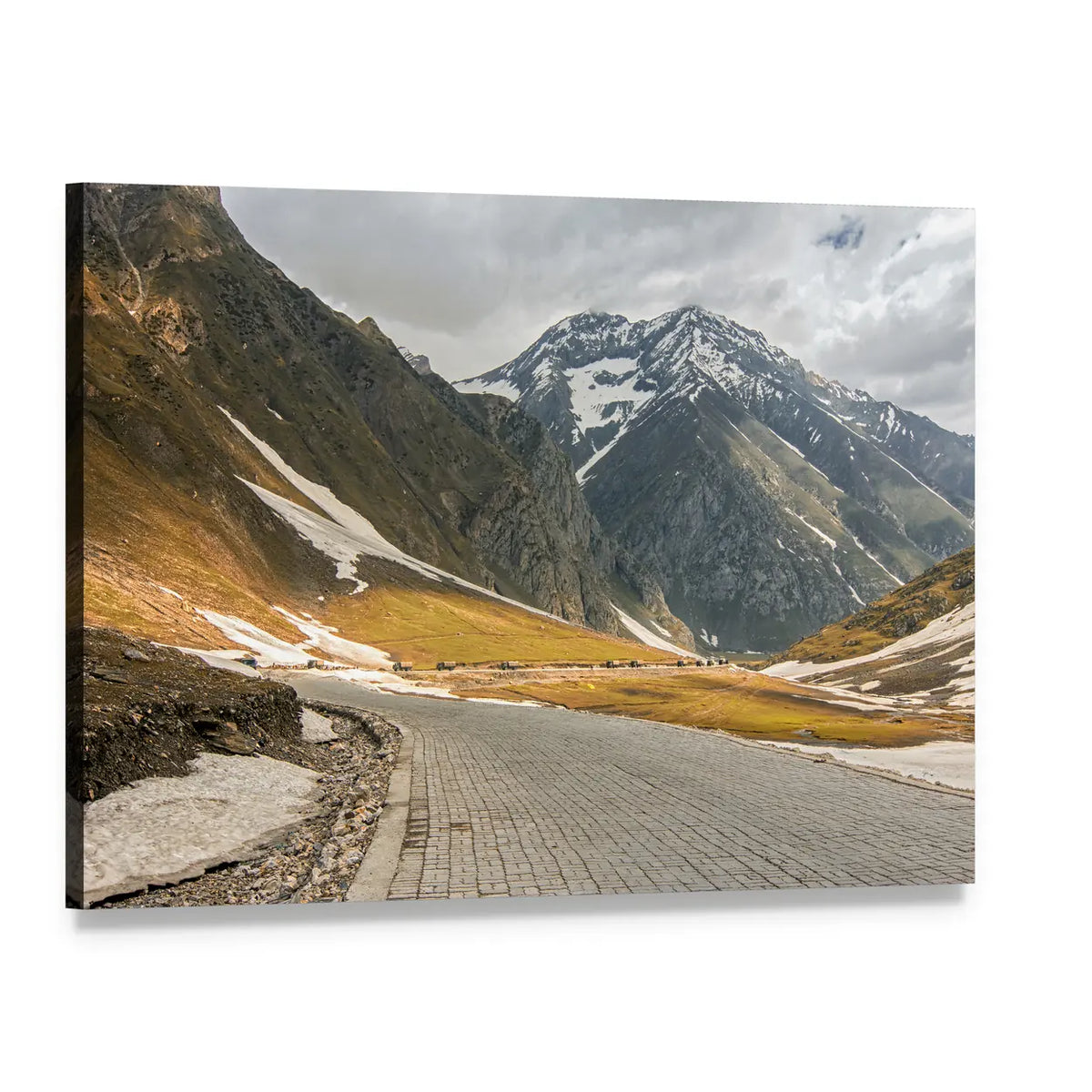 Cobblestone Mountain Road to Snow-capped Peaks Canvas Wall Art, single panel gallery wrapped canvas, angled product view