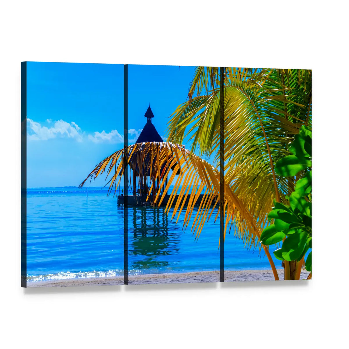 Maldives Beach Pavilion Canvas Wall Art, 3 panel 3 Horizontal layout gallery wrapped canvas set, angled product view