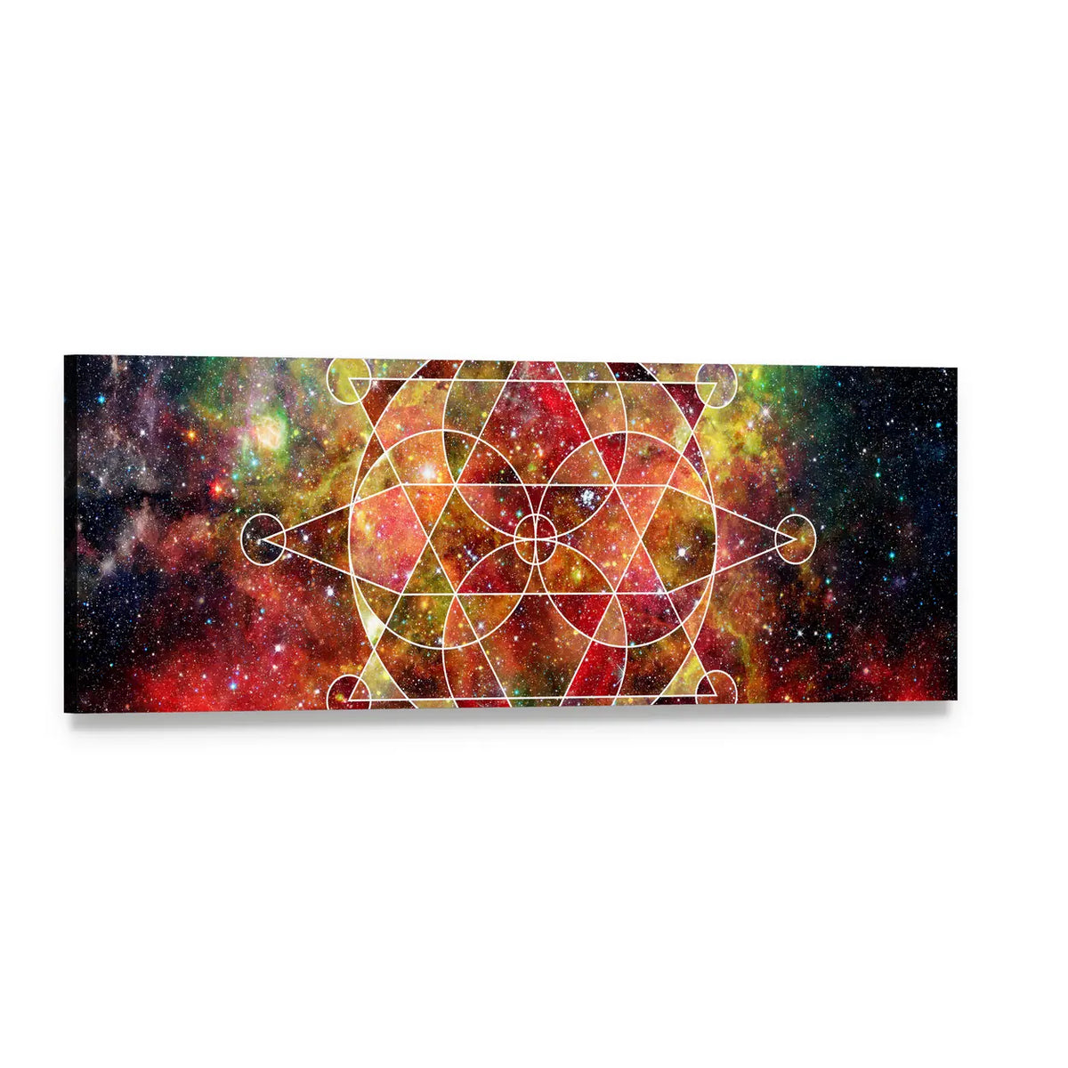 Cosmic Geometric Mandala Panoramic Canvas Wall Art, single panel gallery wrapped canvas, angled product view