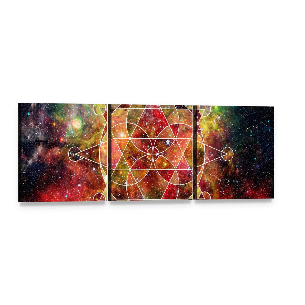 Cosmic Geometric Mandala Panoramic Canvas Wall Art, 3 panel 3 Piece layout gallery wrapped canvas set, angled product view