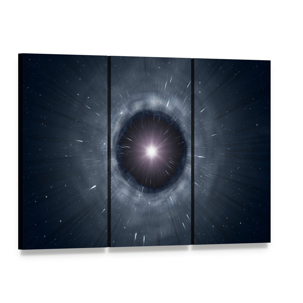 Black Hole Cosmic Tunnel Canvas Wall Art, 3 panel 3 Horizontal layout gallery wrapped canvas set, angled product view