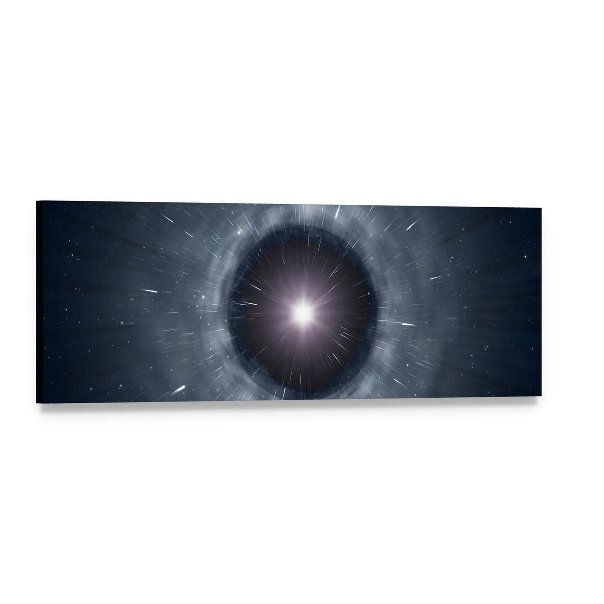 Black Hole Singularity with Light Trails Panoramic Canvas Wall Art, single panel gallery wrapped canvas, angled product view