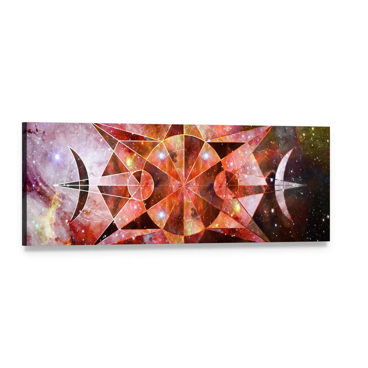 Nebula Mandala with Crescent Moons Panoramic Canvas Wall Art, single panel gallery wrapped canvas, angled product view