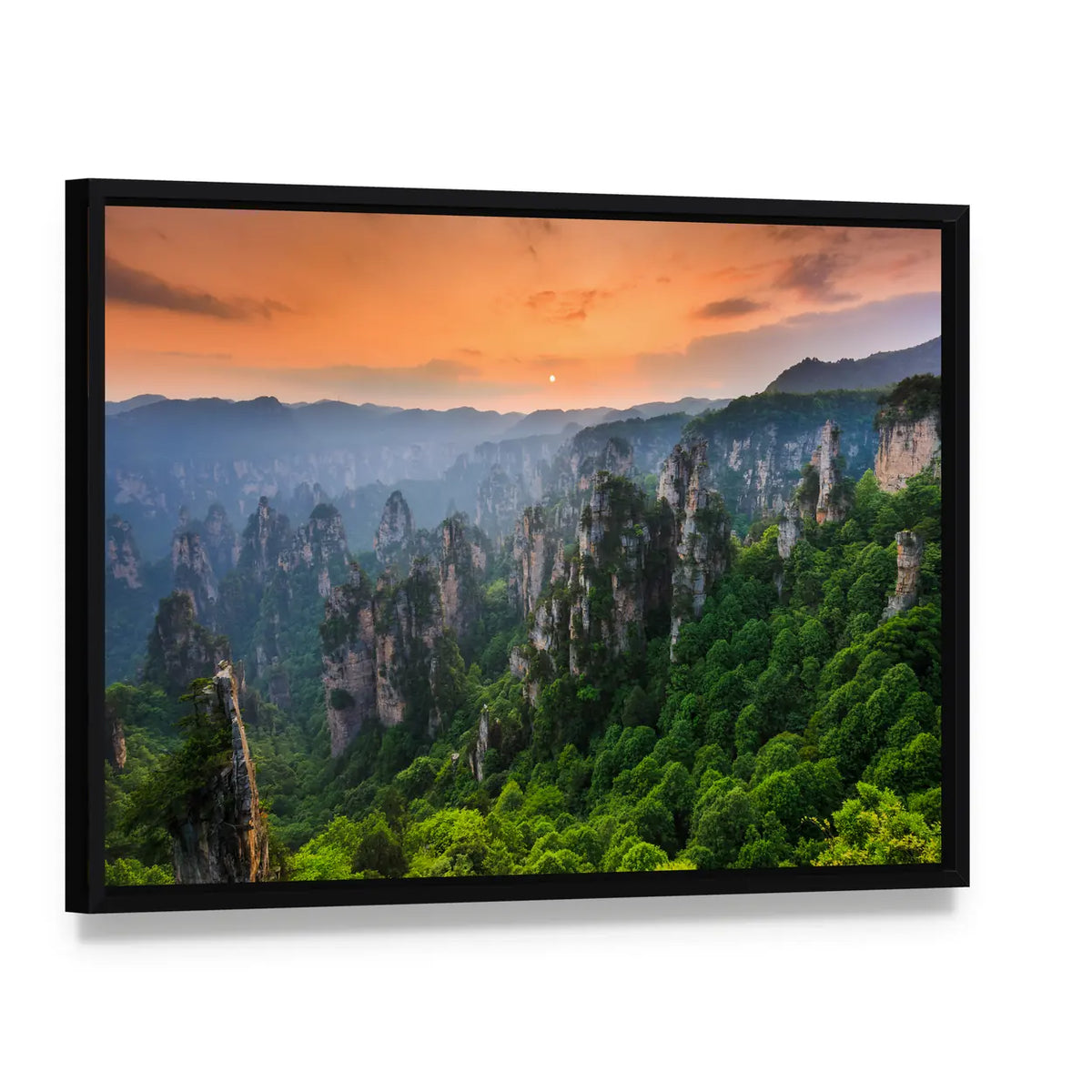 Zhangjiajie National Forest Park At Sunset In China Canvas Wall Art, framed canvas in a black floater frame, angled product view